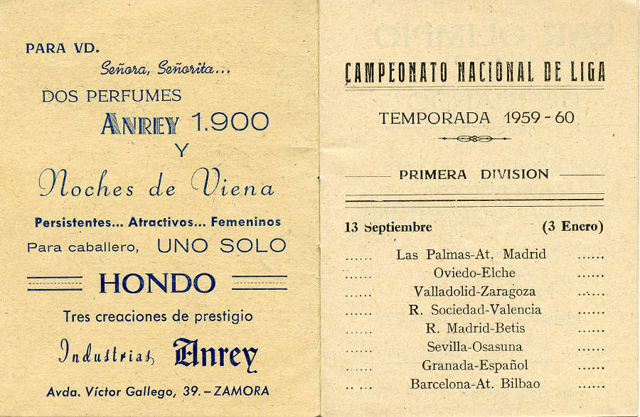 Calendario de futbol. Temporada 1959-60